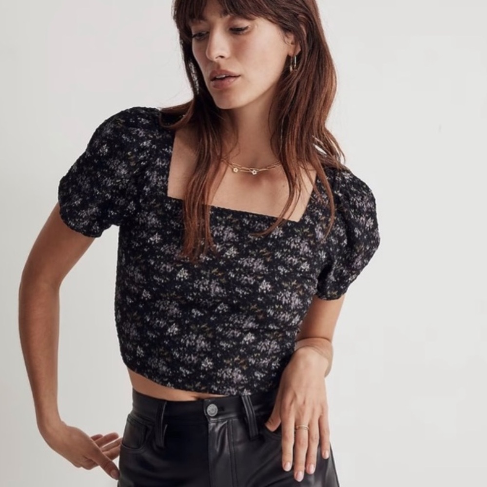 Madewell Hopewell Puff Sleeve Crop Top in Blurred Ikat floral women’s sz XL